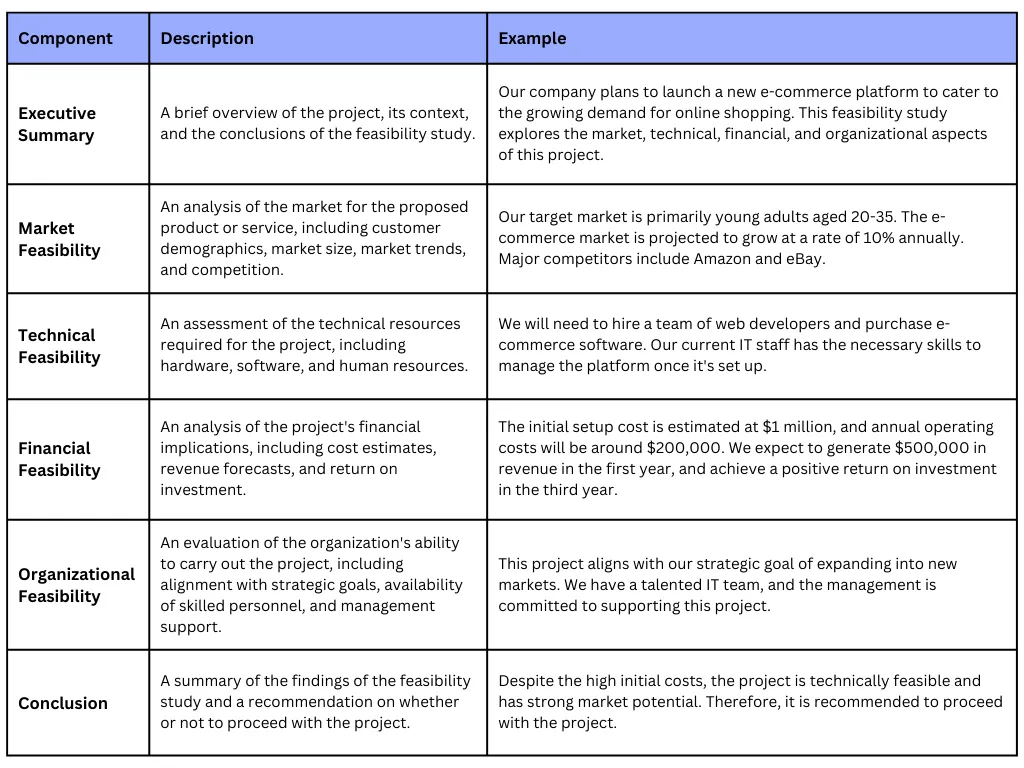Feasibility Study table